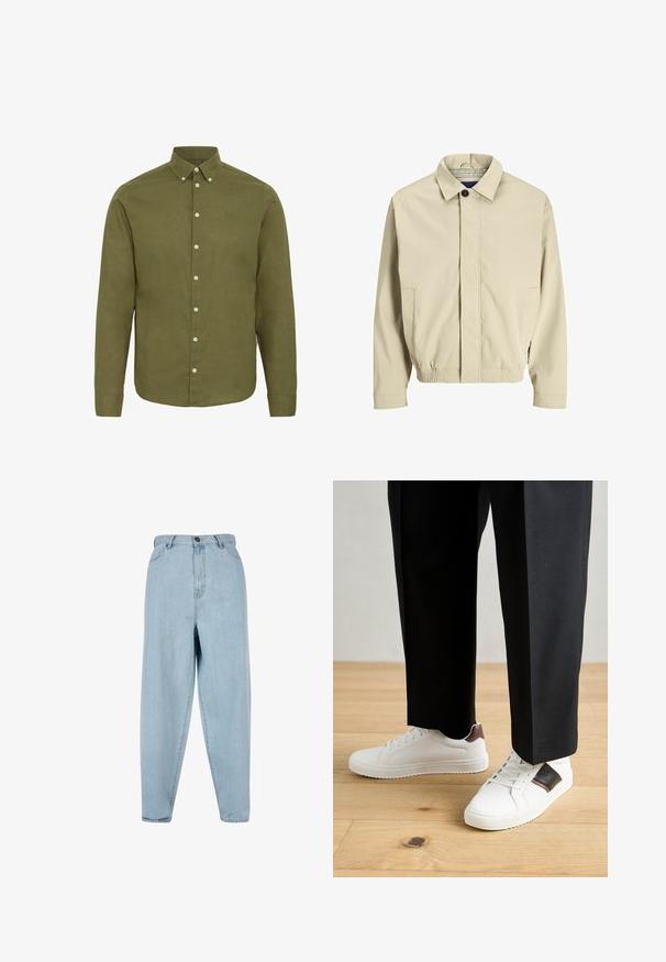 Beež kerge jakk, millel on kraega kaelus, ees nööpide sulgemine, küljetaskud ja kummiga mansetid mugavaks istumiseks. Struktuurne kangas.; Olive roheline pikkade varrukatega särk, millel on nööbiga krae, eesmine nööpide rida ja valged nööbid. Omab peent tekstuuriga kangast ja broderiidiga detaile.; Heledad sinised kõrge vöökohtadega teksad, millel on mugav lõige. Omab esist nuppu, tõmbluku sulgemist ja viie-tasku disaini. Kergelt tuhm värvi tekstuur.; Valged sneakersid siledat tekstuurist, millel on pruunad nahast detailid ja mustad aksessuaarid, millele on sobitatud mustad kohandatud püksid. Puitpõranda taust.