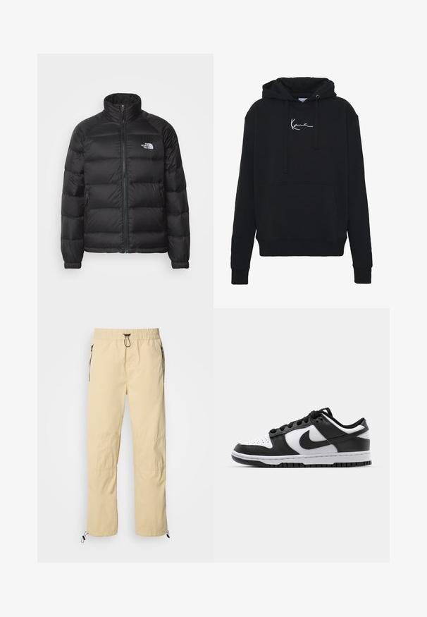 Doudoune noire avec un col montant, une fermeture éclair, un rembourrage matelassé et des poches latérales. Présente un petit logo blanc sur la poitrine.; Hoodie noir en tissu doux, avec une poche avant, des cordons de serrage et un logo brodé blanc sur la poitrine. Coupe classique et poignets côtelés.; Pantalon léger jaune clair avec taille élastique, cordon de serrage et poches zippées noires, présentant une jambe fuselée et des ourlets réglables.; Baskets Nike Dunk en noir et blanc avec une tige en cuir, un bout perforé, des lacets noirs et une semelle en caoutchouc noir avec un motif de semelle.