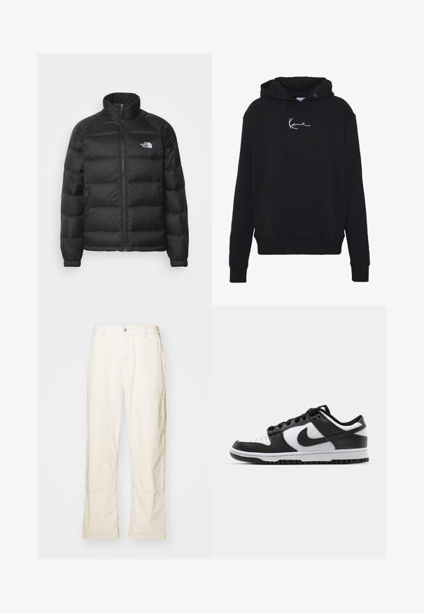 Čierna nafukovacia bunda s vysokým golierom, zipsom, prešívanou výplňou a bočnými vreckami. Má malé biele logo na hrudi.; Čierna mikina s kapucňou vyrobená z mäkkej tkaniny, má prednú kapsu, šnúrky a biele vyšívanie loga na hrudi. Klasický strih a rebrované manžety.; Krémové široké nohavice vyrobené z bavlny, s bočnými vreckami, zapínaním na gombík a jemnými švovými detailmi.; Čierno-biele tenisky Nike Dunk s koženým vrchom, perforovanou špičkou, čiernymi šnúrkami a čiernou gumovou podrážkou s dezénom.