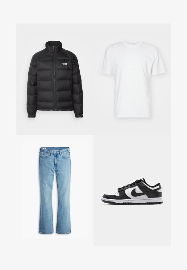 Musthave musternokast vest, millel on kõrge krae, lukuga suletav, tikitud vooder ja küljetaskud. Rinna peal on väike valge logo.; Valge puuvillane t-särk lühikeste varrukatega, ümmarguse kaelusega ja siledat tekstuuri. Lihtne disain, ilma mustrite ja graafikateta.; Heledad helesin denim ragla jeans kõrge vöökohaga, millel on eestaskud, nööp sulgur ja kulunud tekstuur vanaaja ilme loomiseks.; Mustavalged Nike Dunk tossud, millel on nahk ülemine osa, perforeeritud varvaseosa, mustad paelarid ja must kummist tall, millel on mustriga disain.