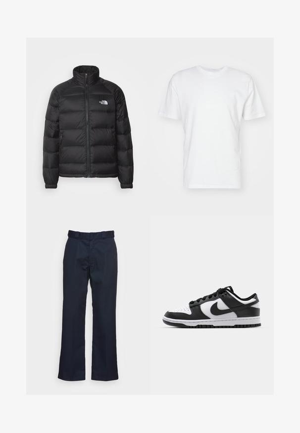 Czarna kurtka puchowa z wysokim kołnierzem, zapięciem na zamek, pikowaną wyściółką oraz kieszeniami po bokach. Posiada małe białe logo na piersi.; Biała bawełniana koszulka z krótkim rękawem, okrągłym dekoltem i gładką fakturą. Prosty design bez wzorów czy grafik.; Granatowe spodnie o prostym kroju, wykonane z gładkiego materiału, z standardowym pasem i bez widocznych wzorów czy elementów metalowych.; Czarno-białe sneakersy Nike Dunk z skórzaną cholewką, perforowanym czubkiem, czarnymi sznurówkami oraz czarną gumową podeszwą z bieżnikiem.