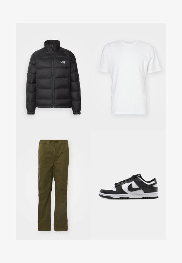 Čierna nafukovacia bunda s vysokým golierom, zipsom, prešívanou výplňou a bočnými vreckami. Má malé biele logo na hrudi.; Biela bavlnená tričko s krátkymi rukávmi, okrúhlym výstrihom a hladkou textúrou. Jednoduchý dizajn bez vzorov alebo grafiky.; Bavlnené cargo nohavice v olivovej zelenej farbe, so sťahovacím pásom, rovnými nohavicami, bočnými vreckami a hladkou textúrou.; Čierno-biele tenisky Nike Dunk s koženým vrchom, perforovanou špičkou, čiernymi šnúrkami a čiernou gumovou podrážkou s dezénom.