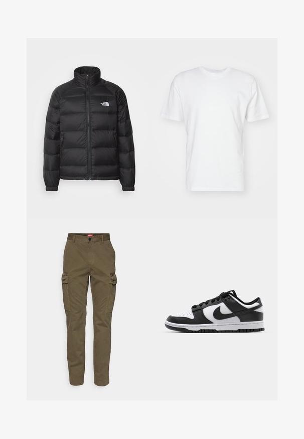 Svart puffjacka med hög krage, dragkedjestängning, quiltrad vaddering och sidofickor. Har en liten vit logotyp på bröstet.; Vit bomulls-t-shirt med korta ärmar, rund halsringning och en slät textur. Enkelt design utan mönster eller grafik.; Olivgröna cargobyxor i bomullstwill, med sidofickor, knäppning med knapp och åtsmitande ben.; Svarta och vita Nike Dunk sneakers med läderöverdel, perforerad tå, svarta snören och en svart gummisula med mönster.