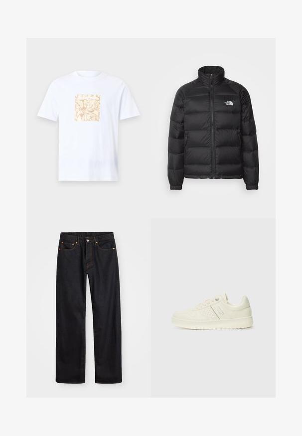 Sort pufferjakke med høj krave, lynlås lukning, quiltet polstring og sidelommer. Har et lille hvidt logo på brystet.; Hvid bomulds t-shirt med et firkantet beige grafisk motiv med et tekstureret mønster i midten. Korte ærmer og rund halsudskæring.; Mænds lige ben sorte denim jeans med fem lommer og orange syninger, knap- og lynlåslukning foran på taljen.; Cremefarvet sneaker med perforeret detaljering, snørebånd og logo på siden, præsenteret mod en simpel hvid baggrund.