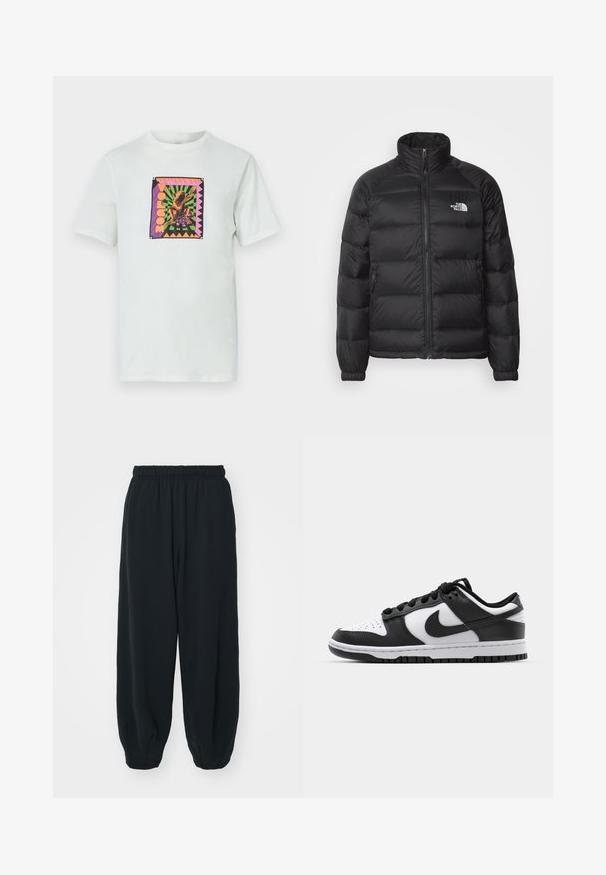 Schwarze Daunenjacke mit hohem Kragen, Reißverschluss, steppgefüttert und seitlichen Taschen. Mit kleinem weißen Logo auf der Brust.; Weißes Baumwoll-T-Shirt mit einem quadratischen, bunten Grafikdesign mit einem Frosch und Text, vor einem geometrischen Hintergrund und akzentuierten Rändern.; Schwarze Sweatpants mit elastischem Bund, lockerer Passform, gerippten Beinabschlüssen, glatter Textur und ohne sichtbare Muster oder Hardware-Akzente.; Schwarze und weiße Nike Dunk Sneakers mit einem Obermaterial aus Leder, perforierter Zehenpartie, schwarzen Schnürsenkeln und einer schwarzen Gummisohle mit Profildesign.