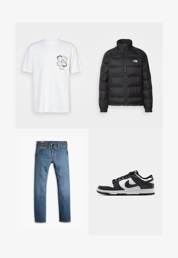 Sort pufferjakke med høj krave, lynlås lukning, quiltet polstring og sidelommer. Har et lille hvidt logo på brystet.; Hvid bomulds t-shirt med et farverigt blomstermotiv på venstre side og teksten "NN. 07" i sort. Korte ærmer og rund halsudskæring.; Blå denim jeans med lige ben, der har en knaplukning, fem lommer og en subtil falmet tekstur overalt.; Sort og hvid Nike Dunk sneakers med læderoverdel, perforeret tå, sorte snørebånd og en sort gummisål med slidbanedesign.