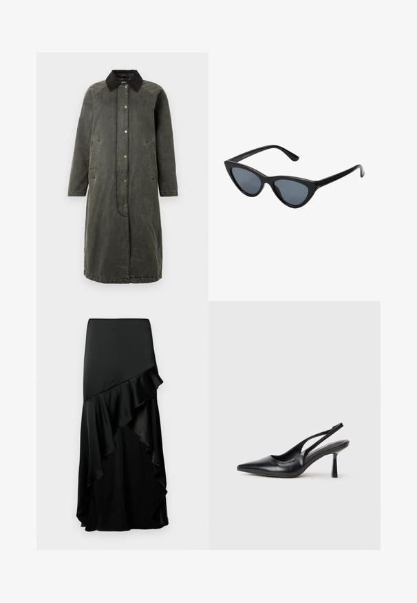 Garšs olīvu zaļas krāsas džinsa mētelis ar melnu ripsa apkakli, spiedpogu aizdari, divām sānu kabatām un nedaudz pārspīlētu siluetu.; Tumši pelēks džemperis ar V-veida kakla izgriezumu, izgatavots no mīksta, teksturēta auduma. Aprīkots ar garām piedurknēm un nelielu logo akcentu pie apakšmalas.; Melna gara svārki ar slāņotu dizainu. Iezīmē gludu tekstūru ar viļņotu apakšmalu un pieguļošu jostu. Izgatavoti no viegla auduma.; Melna ādas šļūcenes augstpapēžu kurpe ar smailu purngalu un plānu papēdi uz baltas fona.; Melna kaķa acs stila saulesbrilles ar tumši pelēkiem objektiem, slaids plastmasas rāmis, norādīti stūri un taisni kāti. Nav redzamu detaļu vai akcentu.