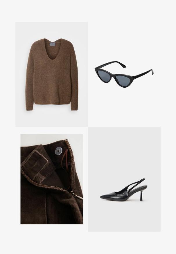 Langer olivgrüner Denim-Mantel mit einem schwarzen Cordkragen, Druckknopfverschluss, zwei seitlichen Taschen und einer leicht oversized Silhouette.; Brauner, gestrickter Pullover mit tiefem V-Ausschnitt. Verfügt über lange Ärmel und eine entspannte Passform. Weiche Textur und dezentes Markenlogo am Saum.; Braunes Cordstoff mit glatter Textur, ausgestattet mit einem Reißverschluss, Knopfverschluss und einem inneren Riegel für sicheren Halt.; Schwarzer Leder Slingback High Heel Schuh mit spitzer Zehenpartie und schmalem Absatz auf einem weißen Hintergrund.; Schwarze Cat-Eye-Sonnenbrille mit dunkelgrauen Gläsern, schlankem Kunststoffrahmen, spitzen Ecken und geraden Bügeln. Keine sichtbaren Befestigungen oder Akzente.