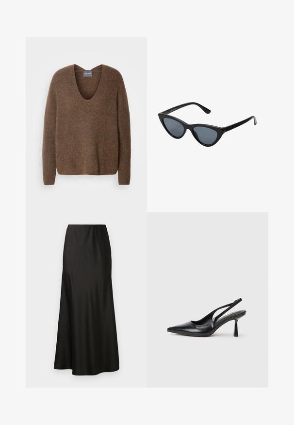 Hosszú olajzöld farmerkabát fekete kordbársony gallérral, patentgombos elülső záródással, két oldalsó zsebbel és enyhén bő szabással.; Barna, kötött pulóver mély V-nyakkal. Hosszú ujjakkal és laza szabással rendelkezik. Puha tapintású, finom márkajelzéssel az alján.; Fekete selyem maxi szoknya sima textúrával, magas derékkal és bővülő aljjal. Egyszerű dizájnnal rendelkezik, látható minták vagy fém részek nélkül.; Fekete bőr pántos magas sarkú cipő hegyes orral és keskeny sarokkal, fehér háttér előtt.; Fekete macskaszem napszemüveg sötétszürke lencsékkel, letisztult műanyag kerettel, hegyes sarkokkal és egyenes szárakkal. Nincs látható hardver vagy díszítés.