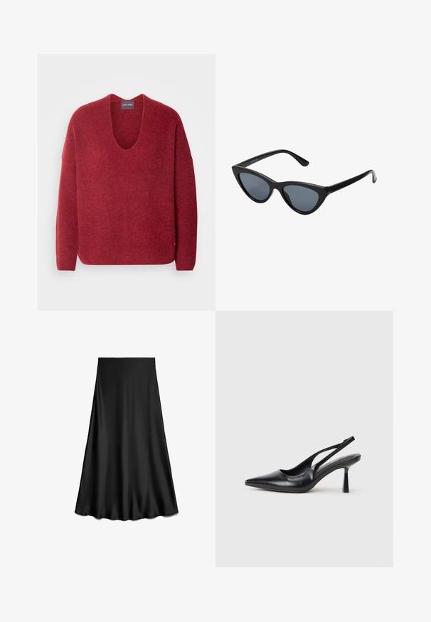 Casaco de ganga verde-oliva longo com gola de veludo cotelê preta, fecho de botão na frente, dois bolsos laterais e uma silhueta ligeiramente oversized.; Mos Mosh THORA V-NECK - Camisola - garnet; Saia preta em cetim com corte em A, textura suave, comprimento até ao joelho, apresentando um design simples e limpo, sem adornos ou padrões.; Sapato de salto alto slingback preto em couro, com ponta afiada e salto fino, em fundo branco.; Óculos de sol pretos em estilo cat-eye com lentes cinza escuro, armação plástica elegante, cantos pontiagudos e hastes retas. Sem hardware ou acentos visíveis.