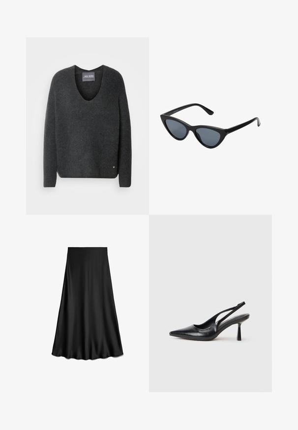 Casaco de ganga verde-oliva longo com gola de veludo cotelê preta, fecho de botão na frente, dois bolsos laterais e uma silhueta ligeiramente oversized.; Pulôver cinza escuro com decote em V, feito de um tecido macio e texturizado. Apresenta mangas longas e um pequeno logótipo na barra.; Saia preta em cetim com corte em A, textura suave, comprimento até ao joelho, apresentando um design simples e limpo, sem adornos ou padrões.; Sapato de salto alto slingback preto em couro, com ponta afiada e salto fino, em fundo branco.; Óculos de sol pretos em estilo cat-eye com lentes cinza escuro, armação plástica elegante, cantos pontiagudos e hastes retas. Sem hardware ou acentos visíveis.