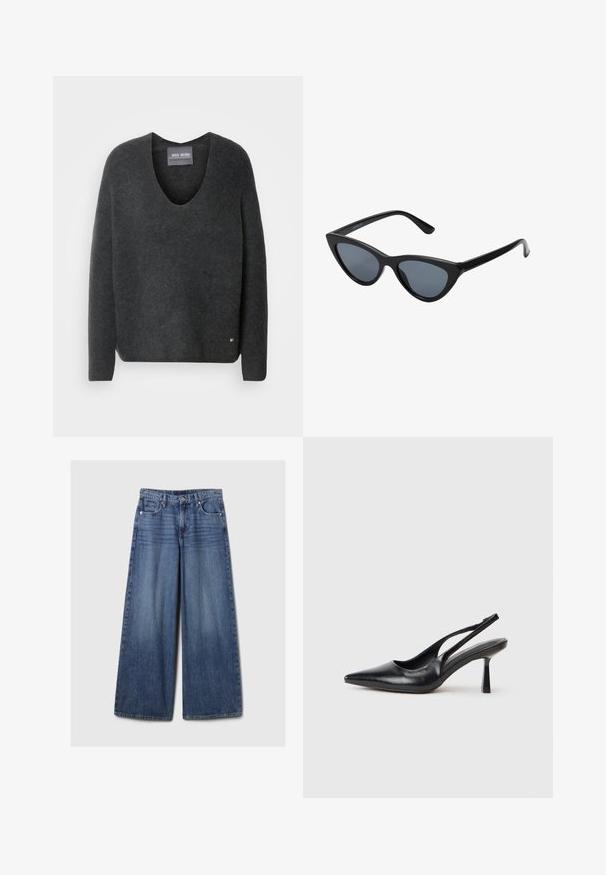 Pikk oliivroheline denimist mantel, millel on must kašmiirkrae, trukkidega eesmine sulgur, kaks külgetaskut ja veidi ülepaisutatud siluett.; Tumehall pullover-sweater V-kaelusega, valmistatud pehmest, tekstureeritud kangast. Omab pikki varrukasid ja väikest logo aksenti õmblusel.; Laiad sinised denimpüksid, millel on pleekinud viimistlus, nupp ja lukuga sulgemine, viis taskut ning vööaasad.; Must musta slingback kõrge kontsaga king, terava varbaga ja peene kontsaga, valgel taustal.; Mustad musta kassi silmadega päikeseprillid tumedate hallide läätsedega, stiilne plastraam, teravad nurgad ja sirged kaared. Nähtavad metallist osad või aksessuaarid puuduvad.