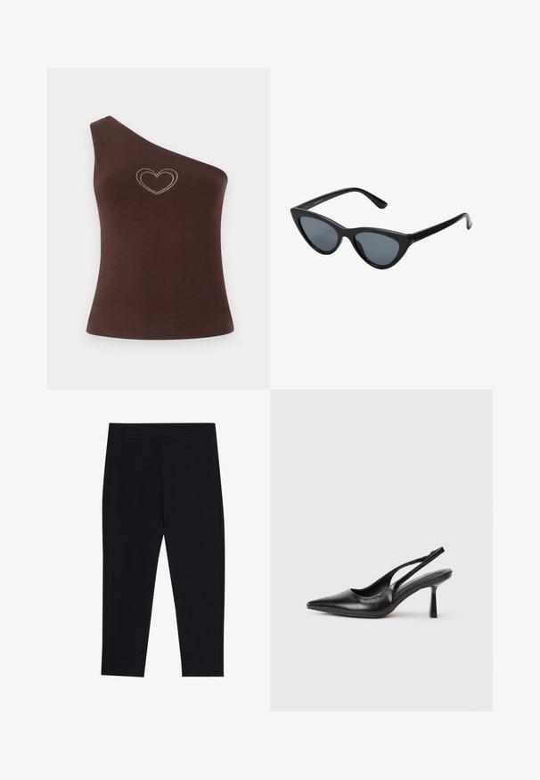 Pikk oliivroheline denimist mantel, millel on must kašmiirkrae, trukkidega eesmine sulgur, kaks külgetaskut ja veidi ülepaisutatud siluett.; Pruun, ühte õlga kattev tank top, valmistatud siledast kangast, millel on rinnal sädeluse südame kujundus. Lihtne lõige ja puhtad jooned.; Mustad mustad leggings, valmistatud venivast kangast, elastse vöökoha ja siledat tekstuuri. Ilma nähtavate mustrite või metalldetailideta.; Must musta slingback kõrge kontsaga king, terava varbaga ja peene kontsaga, valgel taustal.; Mustad musta kassi silmadega päikeseprillid tumedate hallide läätsedega, stiilne plastraam, teravad nurgad ja sirged kaared. Nähtavad metallist osad või aksessuaarid puuduvad.; Pruuni nahkainen hobo-kassi, millel on lohisev disain ja sile tekstuur. Kandnud muretult mudel, millel on suur ava ja ümar kuju.