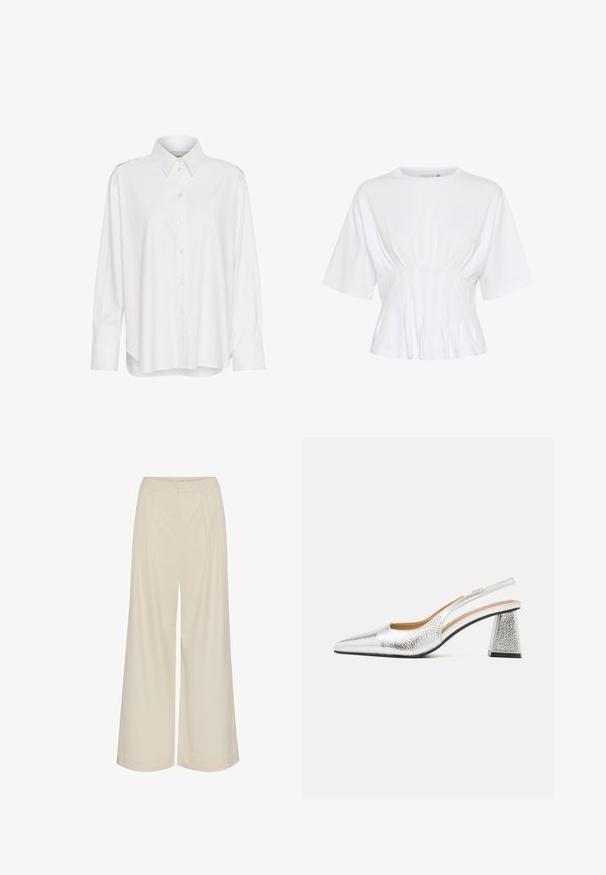 Bijela košulja s dugim rukavima, ovratnikom, blago širokog kroja i akcentima na ramenima. Izrađena od lagane, teksturirane tkanine.; Bijela bluzica s kratkim rukavima, izrađena od mekane tkanine, s okruglim izrezom i naboranim detaljima na struku za prilagođen izgled.; Hlače širokih nogavica u svijetloj bež tkanini, s nabranim detaljima, visokim strukom i glatkom teksturom bez vidljivih ukrasa.; Srebrni slingback cipelama s šiljatim prstima, teksturalnim metalik završetkom i trokutastom blok petom. Unutrašnjost sadrži smeđe kožne detalje.