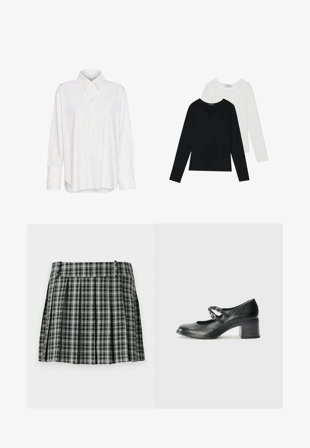 Camisa blanca de botones con cuello, mangas largas, ajuste ligeramente holgado y acentuaciones en los hombros. Fabricada con un tejido ligero y texturizado.; Dos camisetas de manga larga, una negra y otra blanca, ambas con escote cuadrado y confeccionadas en un tejido suave y elástico.; Falda plisada de cuadros en blanco y negro con una cintura suave y múltiples pliegues verticales. Fabricada en un tejido ligero.; Zapato negro de cuero estilo Mary Jane con punta redondeada, dos correas ajustables y un tacón grueso. Textura suave con acentos mínimos.