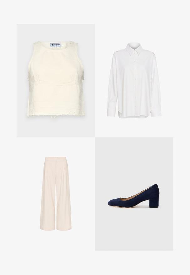 Balta marškinėliai su apykakle, ilgomis rankovėmis, šiek tiek laisva siluetu ir pečių akcentais. Pagaminti iš lengvos, tekstūruotos medžiagos.; Trumpas, be Rankovių viršus iš kreminio medvilnės su nelygiu skeltuku. Yra apvalus iškirpimas ir subtilios siūlės. Logo etiketė viduje.; Kreminės plačios kelnių kojos su raukiniais, pagamintos iš lygios medžiagos. Yra aukštas liemuo ir šoniniai kišenės funkcionalumui.; Tamsiai mėlynos zomšos bateliai su smailiu nykščiu ir vidutinio aukščio blokiniu kulnu. Lygi tekstūra su subtiliu blizgesiu ir mažas įpjovimas priekyje.