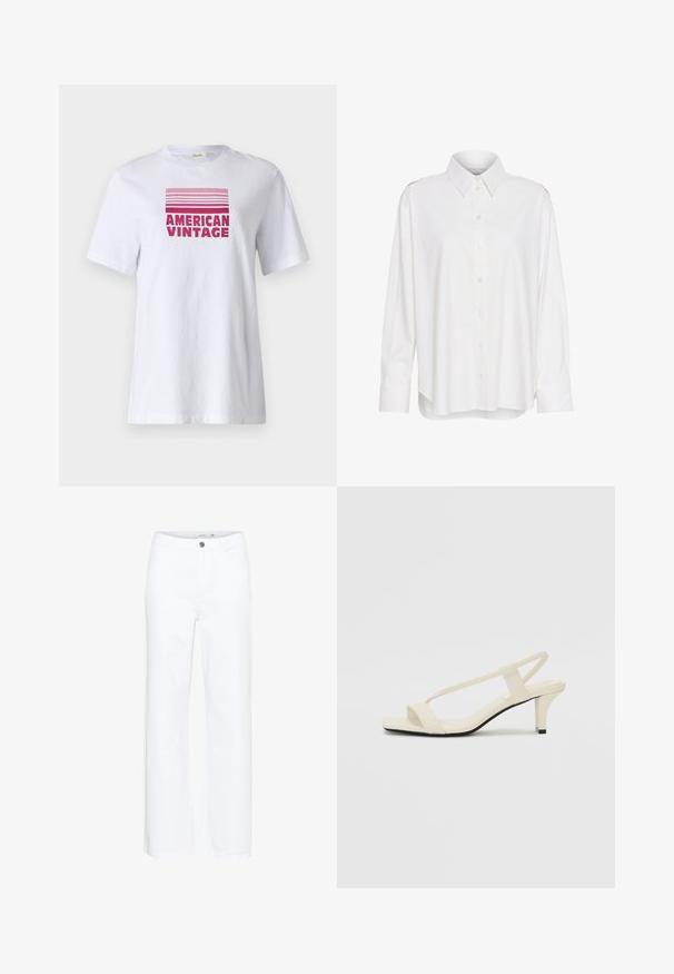 Balta marškinėliai su apykakle, ilgomis rankovėmis, šiek tiek laisva siluetu ir pečių akcentais. Pagaminti iš lengvos, tekstūruotos medžiagos.; Balta medvilninė marškinėlių su priekinio vaizdo grafika, kurioje yra tekstas "AMERICAN VINTAGE" ryškiu raudonu, su horizontaliomis juostelėmis viršuje, besikeičiančiomis rožinėmis atspalviais.; Balti plačios džinsinės kelnės. Su sagčių uždarymu ir tradiciniu penkių kišenių dizainu. Lygus paviršius su švariu užbaigimu.; Kreminės blokų kulno šlepetės su plonomis dirželiais ir kvadratiniu pirštu. Lygus medžiaga su minimaliais akcentais, sukurtos lengvam dėvėjimui.