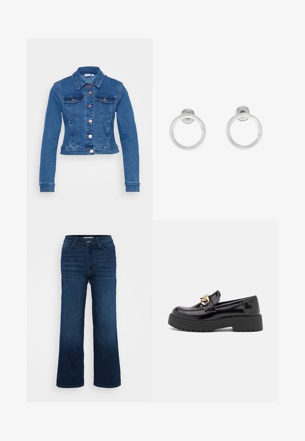 Izgriezts džinsu jaka vidēji zila krāsā. Iekļauj pogu aizdari un divas krūšu kabatas. Taisna apkakle un garas piedurknes ar pieguļošām aprocēm.; Even&Odd Petite 2 PACK - Tops - light grey/black; ONLY Petite ONLMADISON BLUSH WIDE - Džinsi ar platām starām - dark blue denim; Melni lakoti mokasīni ar masīvu melnu zoli un zelta aksesuāriem. Gluda tekstūra un noapaļota purngala dizains.; Sudraba metāla gredzenveida auskari ar matētu faktūru, ar apaļu dizainu un caurspīdīgu aizdari, lai nodrošinātu drošu valkāšanu.