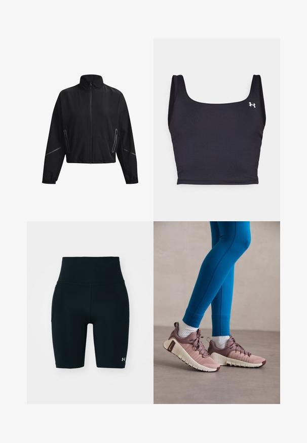 Must hõbe kõrge kraega lühikese varrukaga jakk, millel on esine lukk, elastsed mansetid ja külgmised lukuga taskud. Omab diskreete peegeldavaid detaile.; Mustvalge spordikrop, mis on valmistatud siledast materjalist, ruudukujulise kaelusega ja laiemate rihmadega. Küljel on väike valge logo.; Mustad mustad lühikesed püksid, mis on valmistatud venivast kangast, kõrge vöökoht ja küljetaskud. Sile tekstuur, lame õmblus ja logo aktsent.; Spordijalatsid helesinises ja beežis toonis, tekstuuridega külgpaneelidega, pruunide aktsentidega ja paindlike talladega. Kannab siniseid retuuse ja valgeid sokke.