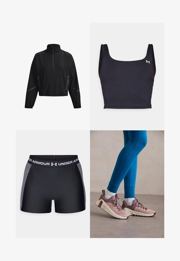Czarna krótka kurtka z wysokim kołnierzem, przednim zamkiem błyskawicznym, elastycznymi mankietami i bocznymi kieszeniami na zamek. Zawiera subtelne odblaskowe akcenty.; Czarny sportowy crop top wykonany z gładkiego materiału, z kwadratowym dekoltem i szerokimi ramiączkami. Zawiera małe białe logo z boku.; Czarne spodenki sportowe z szerokim czarnym pasem w talii, na którym widnieje napis "UNDER ARMOUR" w białym kolorze. Gładka tekstura z szarymi bocznymi panelami i dopasowanym krojem.; Buty sportowe w jasnym różu i beżu z teksturowanymi bocznymi panelami, brązowymi akcentami i elastycznymi podeszwami. Noszone z niebieskimi legginsami i białymi skarpetkami.