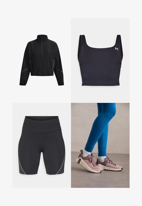 Melnā īsā jakā ar augstu apkakli, priekšējo rāvējslēdzēju, elastīgām piedurknēm un sānu rāvējslēdzēju kabatām. Iekļauj diskrētas atstarojošas akcentus.; Melnas sporta krūšturis, izgatavots no gludas auduma, ar kvadrātveida apkakli un platām siksnām. Iekļauts neliels balts logo uz sāniem.; Melnas sporta bikses ar augsto jostasvietu, izgatavotas no elastīga auduma. Iezīmējas ar elegantu dizainu un smalkiem pelēkiem svītrainiem akcentiem sānos.; Sporta apavi gaiši rozā un bēšā krāsā ar teksturētām sānu paneļiem, brūniem akcentiem un elastīgiem zoles. Nēsāti ar ziliem legingiem un baltiem zeķēm.
