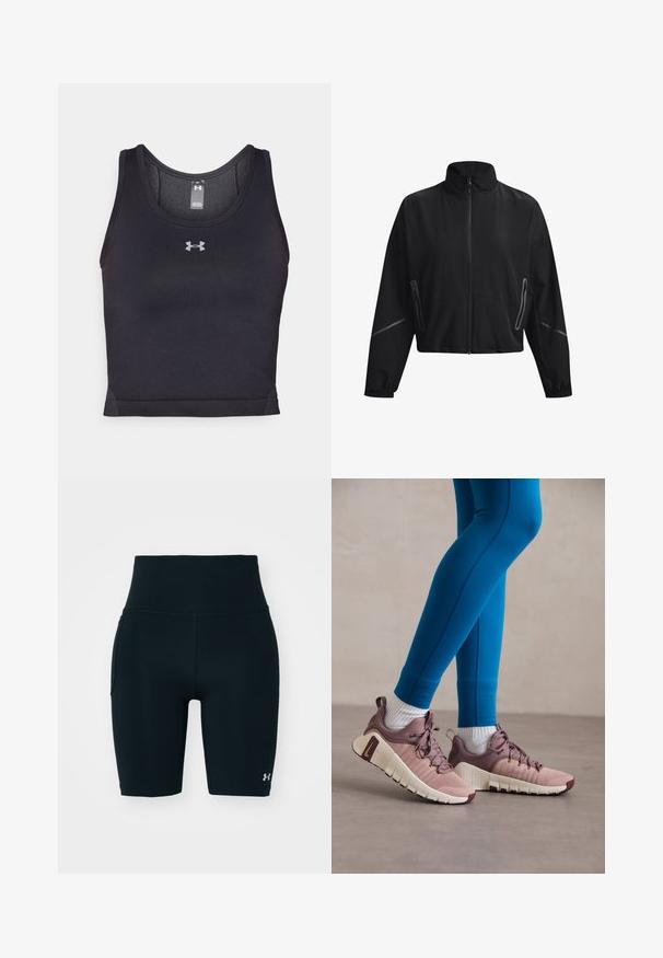 Črna skrajšana jakna z visokim ovratnikom, sprednjim zadrgo, elastičnimi manšetami in stranskimi žepi z zadrgo. Ima subtilne reflektivne detajle.; Črn športni top iz raztegljive tkanine z gladko teksturo. Ima okroglo ovratnico in majhen srebrn logotip na sprednji strani.; Črne atletske kratke hlače iz elastičnega materiala, z visokim pasom in stransko žepom. Gladka tekstura z ravnimi šivi in akcentom logotipa.; Športni čevlji v svetlo rožnati in bež barvi z strukturiranimi stranskimi paneli, rjavimi detajli in fleksibilnimi podplati. Nosi se z modrimi legingi in belimi nogavicami.