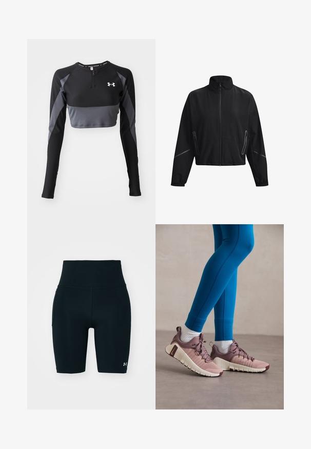 Schwarze gekürzte Jacke mit hohem Kragen, Frontreißverschluss, elastischen Bündchen und seitlichen Reißverschlusstaschen. Mit dezenten reflektierenden Akzenten.; Schwarzes und graues langärmliges, kurz geschnittenes Sportoberteil mit Reißverschluss am Hals, das ein strukturiertes Muster und das Under Armour-Logo auf der Brust zeigt.; Schwarze Sportshorts aus dehnbarem Material mit hohem Taillenbund und Seitentasche. Glatte Textur mit flachen Nähten und Logoakzent.; Sportliche Schuhe in Hellrosa und Beige mit strukturierten Seitenpaneelen, braunen Akzenten und flexiblen Sohlen. Getragen mit blauen Leggings und weißen Socken.