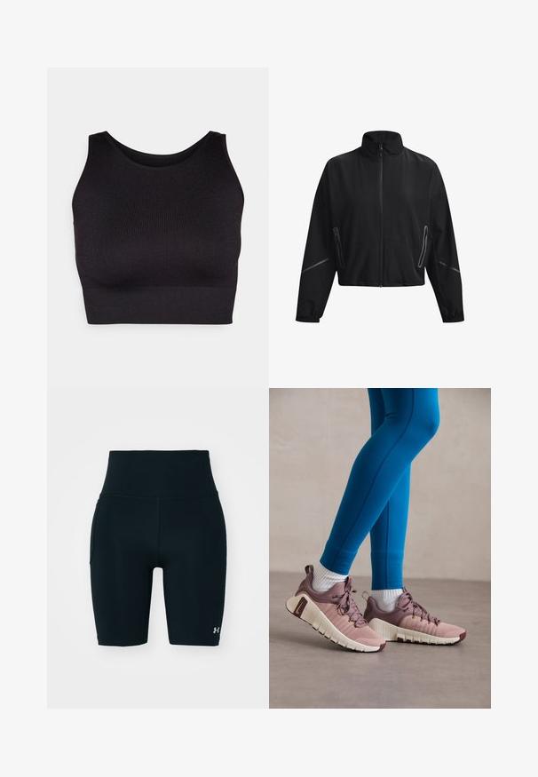 Czarna krótka kurtka z wysokim kołnierzem, przednim zamkiem błyskawicznym, elastycznymi mankietami i bocznymi kieszeniami na zamek. Zawiera subtelne odblaskowe akcenty.; Czarny prążkowany crop top z wysokim kołnierzem i szerokimi wycięciami na ramionach, wykonany z miękkiego, elastycznego materiału dla wygody i bezszwowym wzornictwie.; Czarne szorty sportowe wykonane z elastycznego materiału, z wysokim stanem i boczną kieszenią. Gładka tekstura z płaskimi szwami i akcentem w postaci logo.; Buty sportowe w jasnym różu i beżu z teksturowanymi bocznymi panelami, brązowymi akcentami i elastycznymi podeszwami. Noszone z niebieskimi legginsami i białymi skarpetkami.