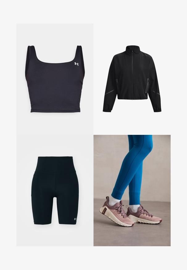 Fekete, cropped dzseki magas gallérral, elülső cipzárral, rugalmas mandzsettákkal és oldalsó cipzáras zsebekkel. Diszkrét fényvisszaverő részletekkel rendelkezik.; Fekete sportmellény sima anyagból, négyzet alakú kivágással és széles pántokkal. Az oldalán egy kis fehér logóval.; Fekete sportcicanadrág rugalmas anyagból, magas derékkal és oldalsó zsebbel. Simas texture flat varratokkal és logó kiemeléssel.; Sportcipők világos rózsaszín és bézs színben, textúrált oldalsó panelekkel, barna részletekkel és rugalmas talpakkal. Kék leggings és fehér zoknik társaságában viselve.