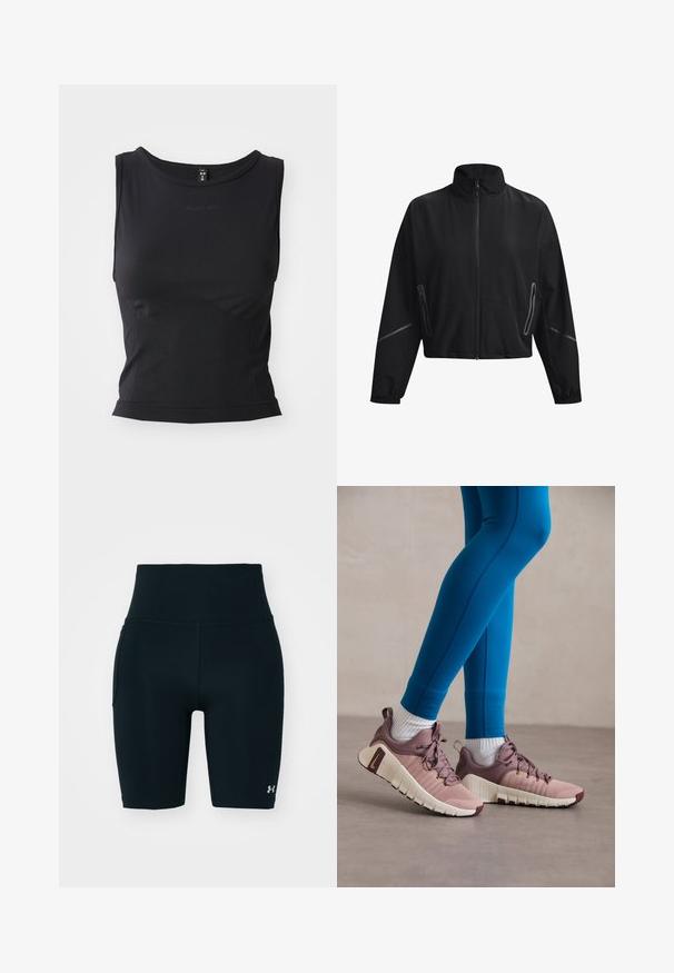 Schwarze gekürzte Jacke mit hohem Kragen, Frontreißverschluss, elastischen Bündchen und seitlichen Reißverschlusstaschen. Mit dezenten reflektierenden Akzenten.; Schwarzes ärmelloses Sporttop aus glattem Material, mit rundem Ausschnitt und taillierter Silhouette, ausgestattet mit dezenten Logodetails.; Schwarze Sportshorts aus dehnbarem Material mit hohem Taillenbund und Seitentasche. Glatte Textur mit flachen Nähten und Logoakzent.; Sportliche Schuhe in Hellrosa und Beige mit strukturierten Seitenpaneelen, braunen Akzenten und flexiblen Sohlen. Getragen mit blauen Leggings und weißen Socken.