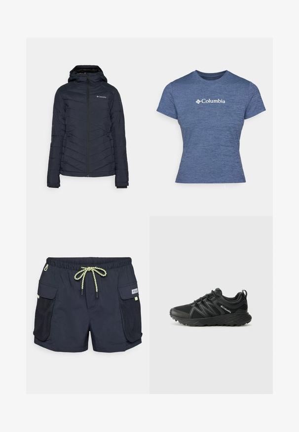 Navy gestepptes Puffer-Jackett mit Kapuze, ausgestattet mit einem durchgängigen Reißverschluss und einem dezenten Logo-Detail auf der oberen linken Seite.; Blaues kurzärmeliges T-Shirt aus strukturiertem Material, mit einem weißen Columbia-Logo auf der Brust, Rundhalsausschnitt und taillierter Passform.; Marineblaue Badshorts mit einem Kordelzugbund, Netzseitentaschen und einer glatten Textur. Mit einem Logosticker an der vorderen rechten Seite.; Columbia PEAKFREAK - Hikingschuh - black