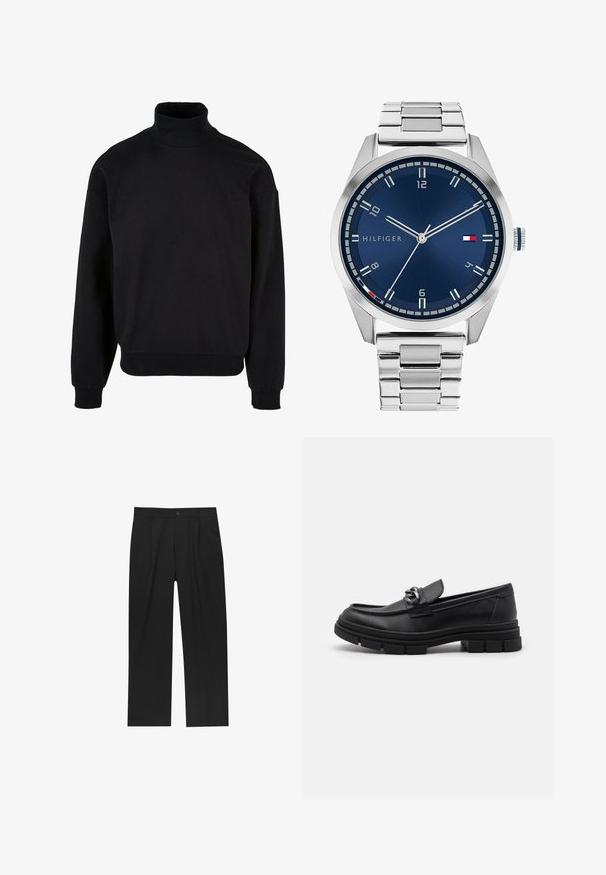 Harmaa pitkähihaine villatakki, jossa on etupuolella hopeinen vetoketju ja klassinen kaulus, esillä valkoista taustaa vasten.; Musta poolkaelusdress, jossa on rento istuvuus, pitkät hihat ja ribbireunat. Valmistettu pehmeästä, tekstuurillisesta kankaasta.; Mustat housut suoranlahkeisella muotoilulla, valmistettu sileästä kankaasta. Ominaisuuksiin kuuluu etupleateet ja yksi nappikiinnitys vyötäröllä.; Musta nahkaloaferi pyöreällä varvalla, koristeellisesti varustetulla hihnalla ja metalliosilla sekä paksulla, teksturoidulla pohjalla. Sileä pinta hienovaraisin yksityiskohdin.; Harmaa metallikello, jossa on harjattu sininen taulu, valkoiset tuntimerkit ja päivämääränäyttö. Varustettu linkitetyllä metallirannekkeella ja brändin logolla.