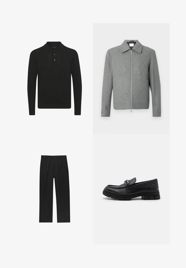 Grå långärmad ulljacka med silverfärgad dragkedja framtill och klassisk krage, uppställd mot en vit bakgrund.; Svart långärmad polo med mjukt tyg, klassisk krage, tre-knapps knäppning och en figurnära silhuett.; Svarta byxor med rak ben-design, tillverkade av ett jämnt tyg. Har framfickor och en enkel knapplåsning i midjan.; Svart läderloafersko med rund tå, en dekorativ rem och hårdvara, samt en chunky texturerad sula. Slät finish med subtila detaljer.