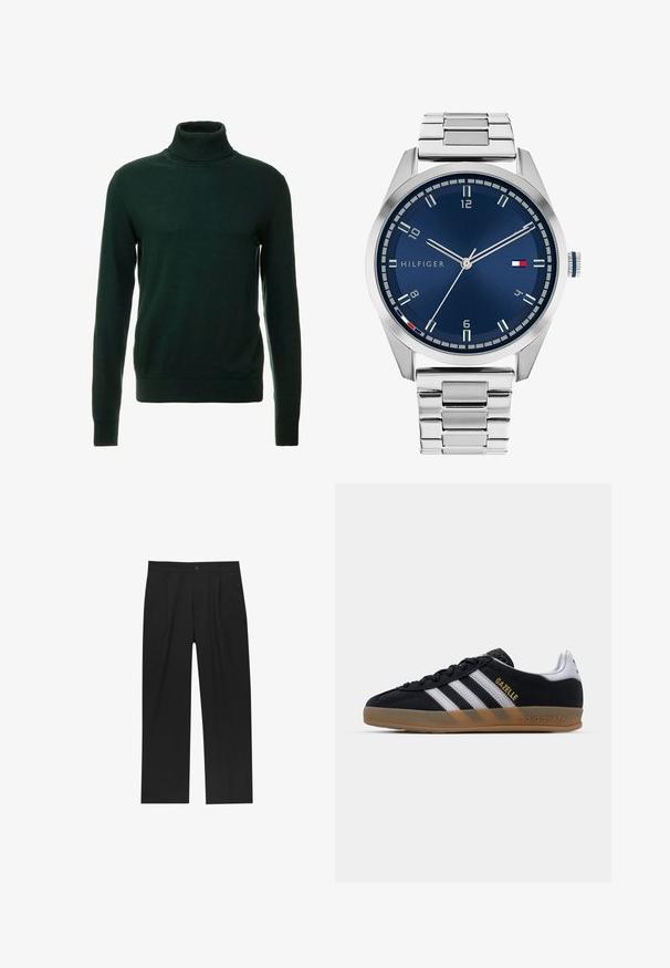 Grå langærmet uldjakke med sølvfarvet lynlås foran og klassisk krave, præsenteret på en hvid baggrund.; Mørkegrøn turtleneck sweater lavet af et glat strikket stof. Har lange ærmer og en tætsiddende hals. Klassisk design, uden mønstre.; Sorte bukser med lige ben, lavet af et glat stof. Har frontfolder og en enkelt knaplukning i taljen.; Sorte ruskind sneakers med hvide striber, tan gummisål og guld "Gazelle" logo. Klassisk lavt design med en tekstureret overdel.; Sølvmetal ur med en børstet blå urskive, hvide timemarkører og en datovisning. Har et sammenkædet metalarmbånd og brandlogo.