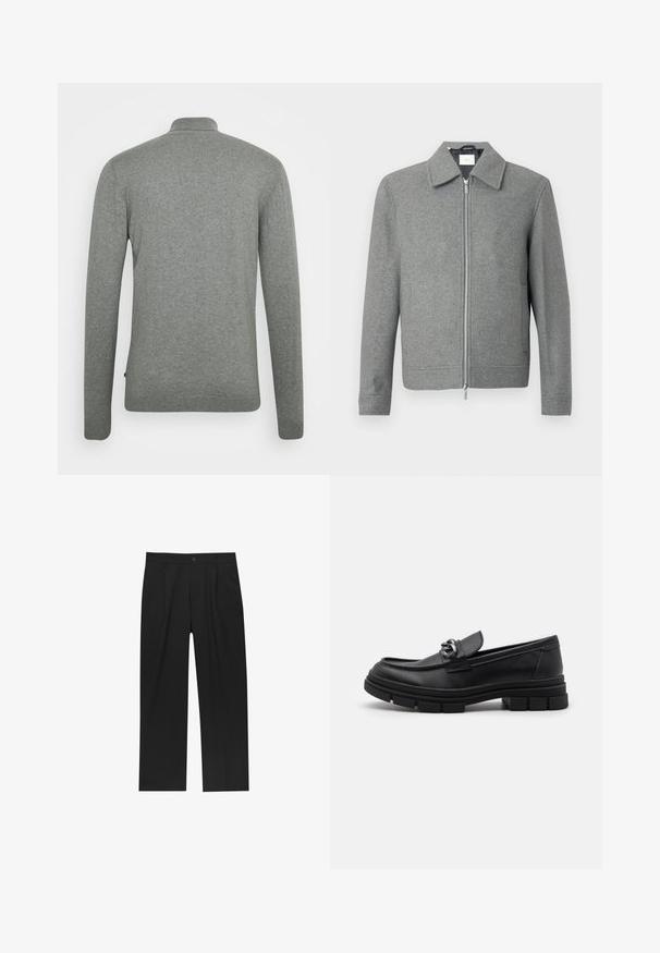 Siv plašč z dolgimi rokavi iz volne s sprednjim srebrnim zadrgo in klasičnim ovratnikom, prikazan na beli ozadju.; Siv pulover s dolgimi rokavi, ki ima visok ovratnik, rebraste manšete in gladko, mehko teksturo. Preprost dizajn brez vzorcev ali poudarkov.; Nabor osmih črnih bombažnih majic s kratkimi rokavi in okroglim izrezom, ki imajo preprost dizajn in mehak otip.; Črne hlače z ravnim krojem, narejene iz gladkega materiala. Imajo sprednje gube in enojno zaponko na pasu.; Črni usnjeni loaferji z zaobljenim nosom, dekorativnim trakom in dodatki ter debelim teksturiranim podplatom. Gladek zaključek s subtilnimi detajli.