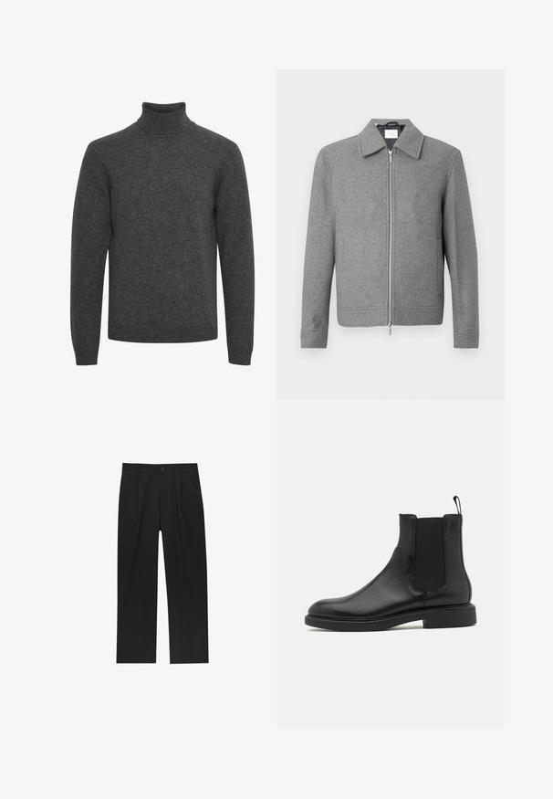 Šedý vlnený kabát s dlouhým rukávem a stříbrným zipem vpředu, s klasickým límcem, vystavený na bílém pozadí.; Tmavě šedý rolák vyrobený z měkkého pleteného materiálu; má dlouhé rukávy a žebrovaný límec s hladkou texturou po celé ploše.; Černé kalhoty s rovnými nohavicemi, vyrobené z hladké tkaniny. Mají přední záhyby a jedno knoflíkové zapínání v pase.; Černá kožená kotníková bota s hladkým povrchem, elastickými bočními panely a poutkem. Kulatá špička a plochá gumová podrážka s minimálním vzorkem.