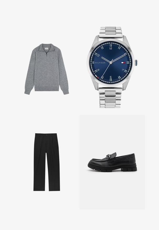 Grå långärmad ulljacka med silverfärgad dragkedja framtill och klassisk krage, uppställd mot en vit bakgrund.; Grå tröja med dragkedja på halvkragen, tillverkad av mjukt stickat material. Har långa ärmar och en subtil logotyp på bröstet.; Svarta byxor med rak ben-design, tillverkade av ett jämnt tyg. Har framfickor och en enkel knapplåsning i midjan.; Svart läderloafersko med rund tå, en dekorativ rem och hårdvara, samt en chunky texturerad sula. Slät finish med subtila detaljer.; Silver metall klocka med en borstad blå urtavla, vita timmarkörer och en datumvisning. Har ett länkande metallarmband och varumärkeslogotyp.