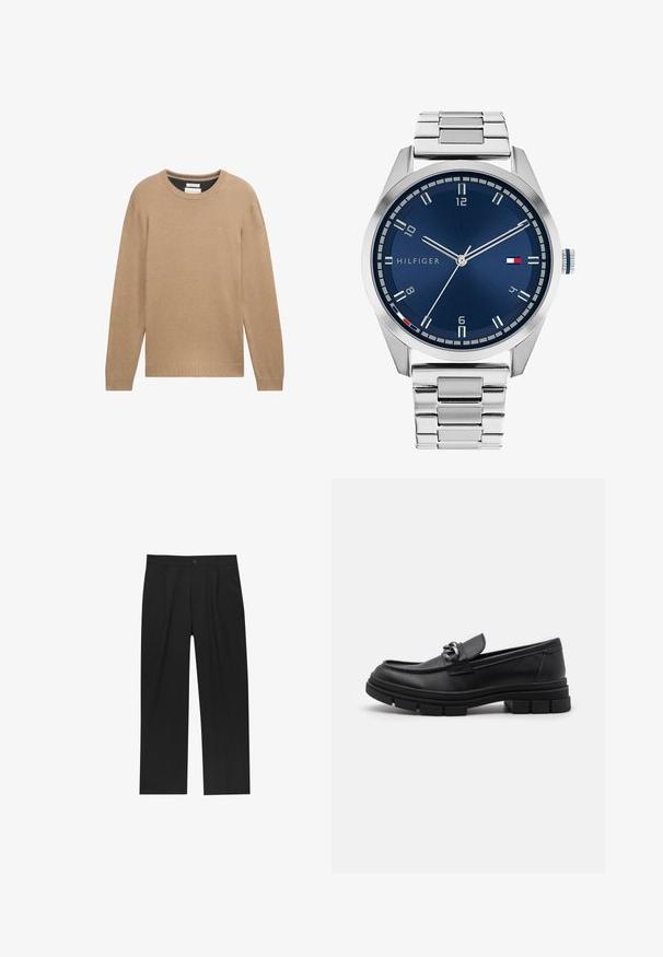 Giacca di lana grigia a maniche lunghe con zipper argento frontale e colletto classico, esposta su uno sfondo bianco.; Maglione beige a maglia con colletto rotondo, maniche lunghe e polsini e orlo a costine. Presenta un piccolo logo sul petto.; Pantaloni neri con un design a gamba dritta, realizzati in un tessuto liscio. Presentano pieghe frontali e una chiusura a un bottone in vita.; Mocassino in pelle nera con punta arrotondata, una fascia decorativa e accessori in metallo, e una suola spessa e testurizzata. Finitura liscia con dettagli sottili.; Orologio in metallo argentato con quadrante blu spazzolato, indici bianchi e display della data. Dotato di un bracciale metallico a maglie e logo del marchio.