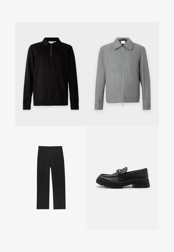 Harmaa pitkähihaine villatakki, jossa on etupuolella hopeinen vetoketju ja klassinen kaulus, esillä valkoista taustaa vasten.; Mustapaita, jossa on pitkät hihat, kaulus, neljännekselle vetoketju edessä ja ribbireunukset hihansuissa ja helmassa. Pehmeä kangas, jossa on sileä pinta.; Mustat housut suoranlahkeisella muotoilulla, valmistettu sileästä kankaasta. Ominaisuuksiin kuuluu etupleateet ja yksi nappikiinnitys vyötäröllä.; Musta nahkaloaferi pyöreällä varvalla, koristeellisesti varustetulla hihnalla ja metalliosilla sekä paksulla, teksturoidulla pohjalla. Sileä pinta hienovaraisin yksityiskohdin.