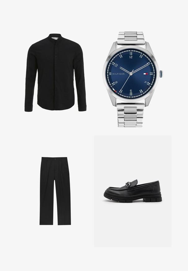 Grajanger Wolljacke mit langen Ärmeln, Front-Reißverschluss in Silber und klassischem Kragen, auf einem weißen Hintergrund präsentiert.; Schwarzes Langarmshirt mit Stehkragen, vorderer Knopfverschluss und glatter Textur. Gerader Saum und taillierte Passform.; Schwarze Hose mit geradem Schnitt, aus einem glatten Stoff gefertigt. Verfügt über Vorderfalten und einen einzelnen Knopfverschluss an der Taille.; Schwarzer Lederloafer mit runder Zehenform, einem dekorativen Riemen und Hardware sowie einer robusten, strukturierten Sohle. Glatte Oberfläche mit dezenten Details.; Silberne Metall-Uhr mit einem gebürsteten blauen Zifferblatt, weißen Stundenmarkierungen und einem Datumsanzeiger. Verfügt über ein verlinktes Metallarmband und ein Markenlogo.