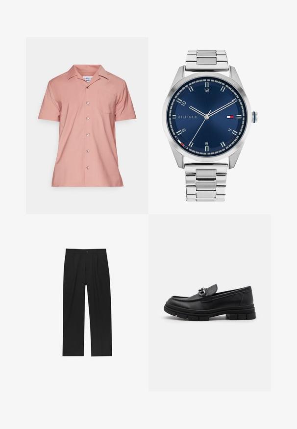 Grajanger Wolljacke mit langen Ärmeln, Front-Reißverschluss in Silber und klassischem Kragen, auf einem weißen Hintergrund präsentiert.; Kurzärmliges Hemd in Hellrosa, aus glattem Stoff gefertigt. Verfügt über eine Brusttasche und einen klassischen Kragen mit vorderen Knöpfen.; Schwarze Hose mit geradem Schnitt, aus einem glatten Stoff gefertigt. Verfügt über Vorderfalten und einen einzelnen Knopfverschluss an der Taille.; Schwarzer Lederloafer mit runder Zehenform, einem dekorativen Riemen und Hardware sowie einer robusten, strukturierten Sohle. Glatte Oberfläche mit dezenten Details.; Silberne Metall-Uhr mit einem gebürsteten blauen Zifferblatt, weißen Stundenmarkierungen und einem Datumsanzeiger. Verfügt über ein verlinktes Metallarmband und ein Markenlogo.