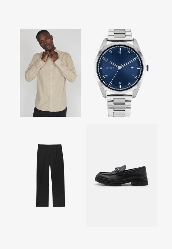 Grajanger Wolljacke mit langen Ärmeln, Front-Reißverschluss in Silber und klassischem Kragen, auf einem weißen Hintergrund präsentiert.; Hellbeige Hemd mit langen Ärmeln, Kragen und subtiler Textur; verfügt über eine Tasche auf der linken Seite und weiße Knöpfe.; Schwarze Hose mit geradem Schnitt, aus einem glatten Stoff gefertigt. Verfügt über Vorderfalten und einen einzelnen Knopfverschluss an der Taille.; Schwarzer Lederloafer mit runder Zehenform, einem dekorativen Riemen und Hardware sowie einer robusten, strukturierten Sohle. Glatte Oberfläche mit dezenten Details.; Silberne Metall-Uhr mit einem gebürsteten blauen Zifferblatt, weißen Stundenmarkierungen und einem Datumsanzeiger. Verfügt über ein verlinktes Metallarmband und ein Markenlogo.