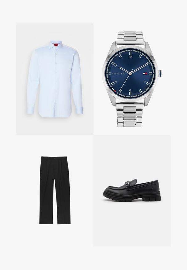 Szürke, hosszú ujjú gyapjú dzseki, elülső ezüst cipzárral és klasszikus gallérral, fehér háttér előtt bemutatva.; Világoskék, hosszú ujjú, gombos ing, széles gallérral, lekerekített szegéllyel és fehér gombokkal. Simaszerű anyag, amely finom fényt hordoz.; Fekete nadrág egyenes szárú kialakítással, sima anyagból készült. Elöl redők és egy gombos záródás található a derékon.; Fekete bőr mokaszín, lekerekített orral, díszes pánttal és fém kiegészítővel, valamint vastag, texturált talppal. Simább felület, finom részletezéssel.; Ezüst színű fém óra kék, kefélt számlappal, fehér órijjelezőkkel és dátumkijelzővel. Fém, láncolt szíj és márkalogó jellemzi.