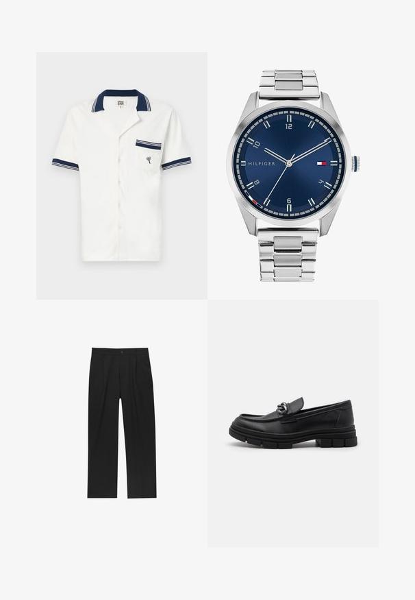 Siv plašč z dolgimi rokavi iz volne s sprednjim srebrnim zadrgo in klasičnim ovratnikom, prikazan na beli ozadju.; Kratka belina majica s ovratnikom s kratkim rukavima, s mornarskoplavim prugama na ovratniku i manžetama, s prsnom džepom s emblemom srca. Teksturirana tkanina.; Črne hlače z ravnim krojem, narejene iz gladkega materiala. Imajo sprednje gube in enojno zaponko na pasu.; Črni usnjeni loaferji z zaobljenim nosom, dekorativnim trakom in dodatki ter debelim teksturiranim podplatom. Gladek zaključek s subtilnimi detajli.; Srebrna kovinska ura z brušenim modrim številcem, belimi številčnicami in prikazom datuma. Ima povezano kovinsko zapestnico in logotip blagovne znamke.