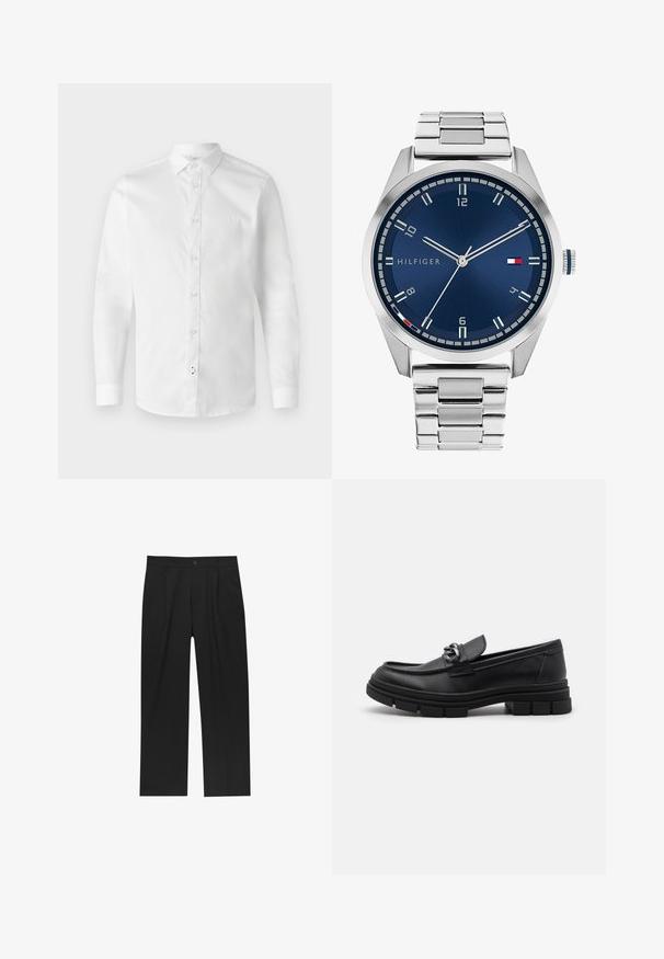 Siv plašč z dolgimi rokavi iz volne s sprednjim srebrnim zadrgo in klasičnim ovratnikom, prikazan na beli ozadju.; Bela srajca z dolgimi rokavi, izdelana iz gladkega bombaža, z gumbom spredaj in standardnim ovratnikom. Ima diskretno šivanje in majhen logotip na levem prsnem delu.; Črne hlače z ravnim krojem, narejene iz gladkega materiala. Imajo sprednje gube in enojno zaponko na pasu.; Črni usnjeni loaferji z zaobljenim nosom, dekorativnim trakom in dodatki ter debelim teksturiranim podplatom. Gladek zaključek s subtilnimi detajli.; Srebrna kovinska ura z brušenim modrim številcem, belimi številčnicami in prikazom datuma. Ima povezano kovinsko zapestnico in logotip blagovne znamke.