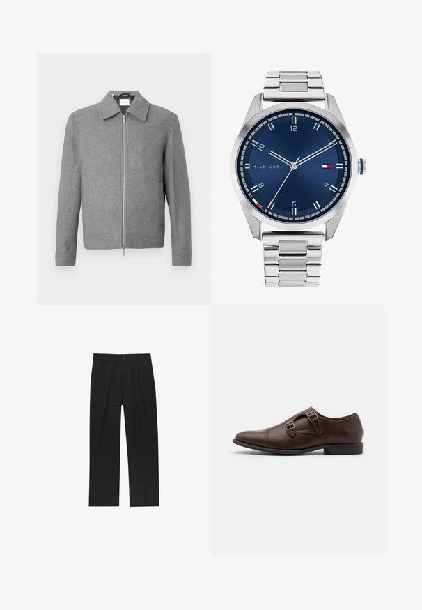Grajanger Wolljacke mit langen Ärmeln, Front-Reißverschluss in Silber und klassischem Kragen, auf einem weißen Hintergrund präsentiert.; Set aus acht schwarzen Baumwoll-T-Shirts mit kurzen Ärmeln und Rundhalsausschnitten, die ein schlichtes Design und eine weiche Textur aufweisen.; Schwarze Hose mit geradem Schnitt, aus einem glatten Stoff gefertigt. Verfügt über Vorderfalten und einen einzelnen Knopfverschluss an der Taille.; Braune Leder-Hochzeitsschuhe mit spitzem Zehenbereich, ausgestattet mit zwei verstellbaren Schnallen und einem eleganten, flachen Design. Flache schwarze Gummisohle.; Silberne Metall-Uhr mit einem gebürsteten blauen Zifferblatt, weißen Stundenmarkierungen und einem Datumsanzeiger. Verfügt über ein verlinktes Metallarmband und ein Markenlogo.