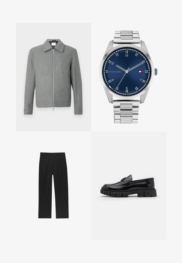 Harmaa pitkähihaine villatakki, jossa on etupuolella hopeinen vetoketju ja klassinen kaulus, esillä valkoista taustaa vasten.; Sarja kahdeksasta mustasta puuvilla-t-paidasta, joissa on lyhyet hihat ja pyöreä kaula-aukko, yksinkertainen muotoilu ja pehmeä rakenne.; Mustat housut suoranlahkeisella muotoilulla, valmistettu sileästä kankaasta. Ominaisuuksiin kuuluu etupleateet ja yksi nappikiinnitys vyötäröllä.; Mustat nahkakengät loafermallia, joissa on paksut, uritetut kuminiekat. Ominaisuuksiin kuuluu pyöristetty varvas ja koristeellinen hihna, jossa on logo-aksentti. Sujuva pinta.; Harmaa metallikello, jossa on harjattu sininen taulu, valkoiset tuntimerkit ja päivämääränäyttö. Varustettu linkitetyllä metallirannekkeella ja brändin logolla.