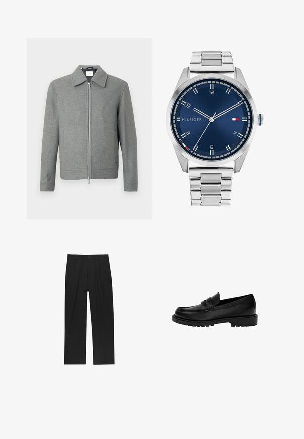 Szürke, hosszú ujjú gyapjú dzseki, elülső ezüst cipzárral és klasszikus gallérral, fehér háttér előtt bemutatva.; Nyolc darabból álló fekete pamut pólókészlet rövid ujjakkal és kerek nyakkal, sima kialakítással és puha felülettel.; Fekete nadrág egyenes szárú kialakítással, sima anyagból készült. Elöl redők és egy gombos záródás található a derékon.; Fekete bőr mokaszinok, lekerekített orral, kétcsíkos dizájnnal, texturált varrással és vastag gumitalppal.; Ezüst színű fém óra kék, kefélt számlappal, fehér órijjelezőkkel és dátumkijelzővel. Fém, láncolt szíj és márkalogó jellemzi.