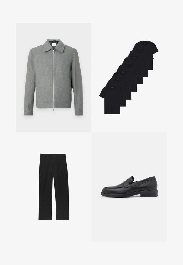 Grå långärmad ulljacka med silverfärgad dragkedja framtill och klassisk krage, uppställd mot en vit bakgrund.; Set med åtta svarta bomullströjor med korta ärmar och rundad halsringning, med en enkel design och mjuk textur.; Svarta byxor med rak ben-design, tillverkade av ett jämnt tyg. Har framfickor och en enkel knapplåsning i midjan.; Svarta läderloafers med rundad tå, sömnadsdetaljer och en låg, kraftig klack. Har en slät yta och en minimalistisk design.
