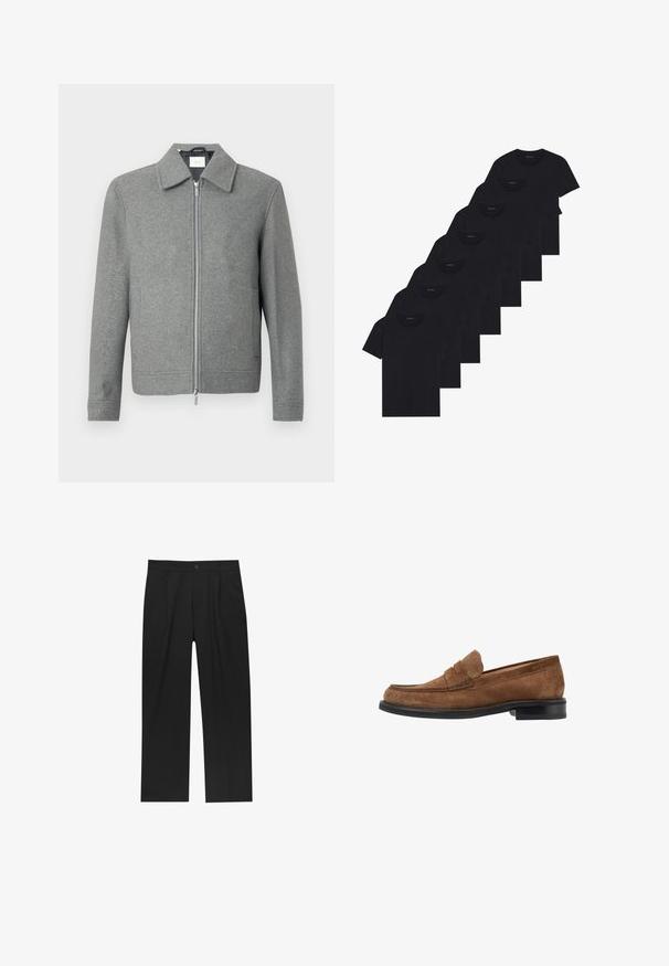 Gray long-sleeve wool jacket with front silver zipper and a classic collar, displayed on a white background.; Set of eight black cotton t-shirts with short sleeves and crew necks, featuring a plain design and a soft texture.; Black pants with a straight-leg design, made from a smooth fabric. Features front pleats and a single button closure at the waist.; Brown suede loafer with a rounded toe design, stitched detailing on the upper, and a black rubber sole. Minimal brass accents.